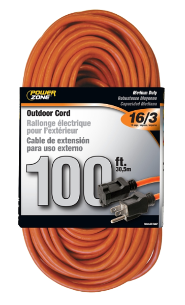 POWERZONE OR501635 Extension Cord 100 Ft 16AWG Cable Double Ended Tungsten Quartz 125V Orange