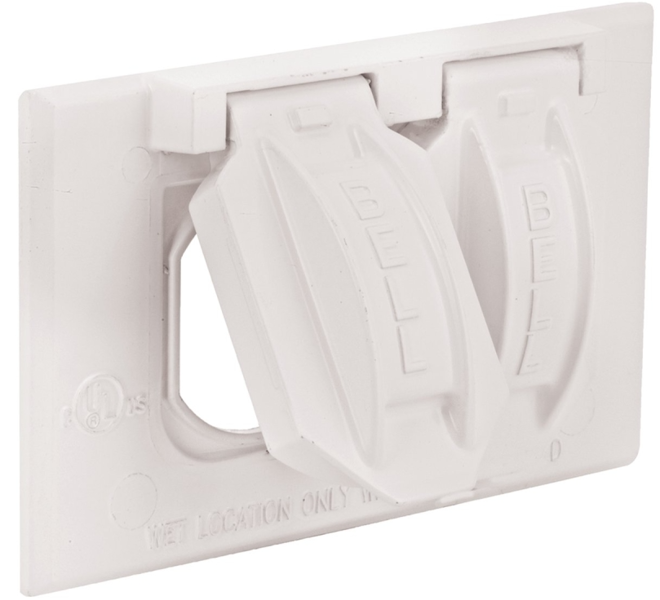 BELL WEATHERPROOF 5180-6 Horizontal Flip Cover Outlet Cover White 2-13/16 In x 4-9/16 In Duplex Powder Coated