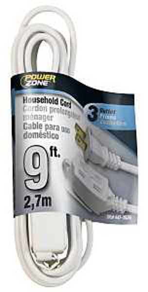 POWERZONE OR660609 Extension Cord 9 Ft 16 AWG SPT-2 White 125V