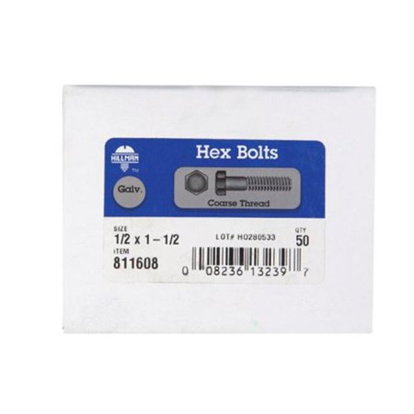 Hillman Group 811608 Hex Bolt 1/2 In X 1-1/2 In Low Carbon Coarse Thread Galvanized