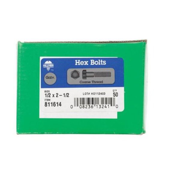 Hillman Group 811614 Hex Bolt 1/2 In X 2-1/2 In Low Carbon Coarse Thread Galvanized