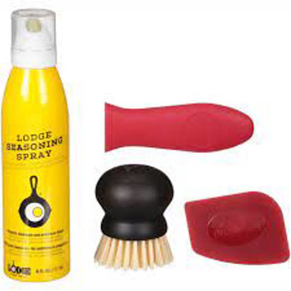 Lodge MFG CO A-CAREC1 Cast Iron Care Kit 6 Oz Seasoning Spray Pan Scraper Handle Holder Scrub Brush