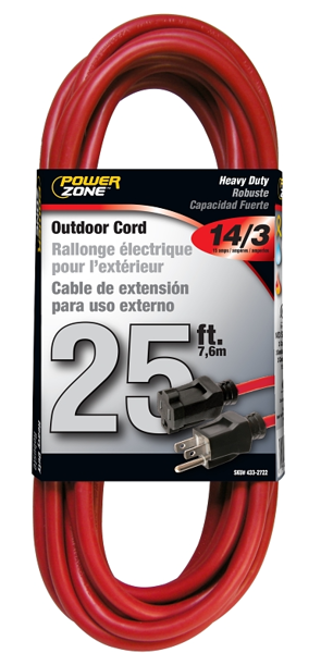 POWERZONE OR514725 Heavy Duty Extension Cord 25 Ft 14 AWG Double SJTW Red
