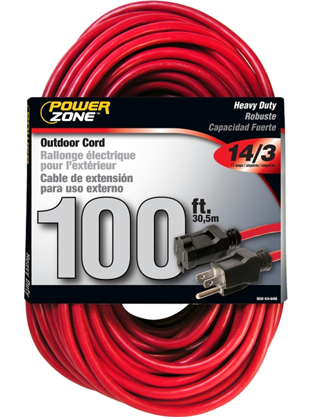 POWERZONE TW143R10 Extension Cord 100 Ft 14 AWG Cable 125V Red