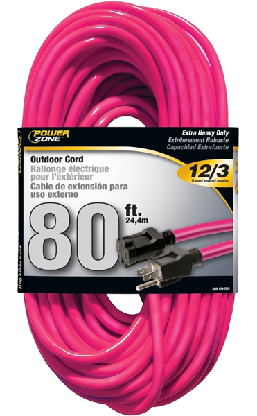 POWERZONE ORN513833 Extension Cord 80 Ft 12/3 SJTW Neon Pink