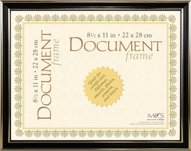 MCS FRAMES 72130 Black Document Frame 8.5x11 In with Gold Trim