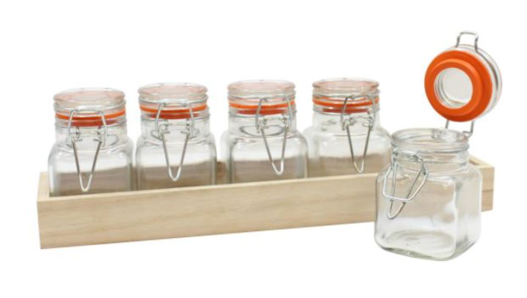 Tablecraft HFLGLASS5 Jar Flight Set 6 Pc 5 Jars 2.04 Oz Each with Tray
