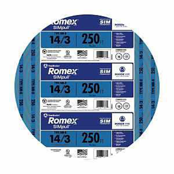 Southwire Company ROMEX Solid 14/3NM Electrical Wire 250 Feet 14 AWG 3 Conductor PVC Nylon Blue