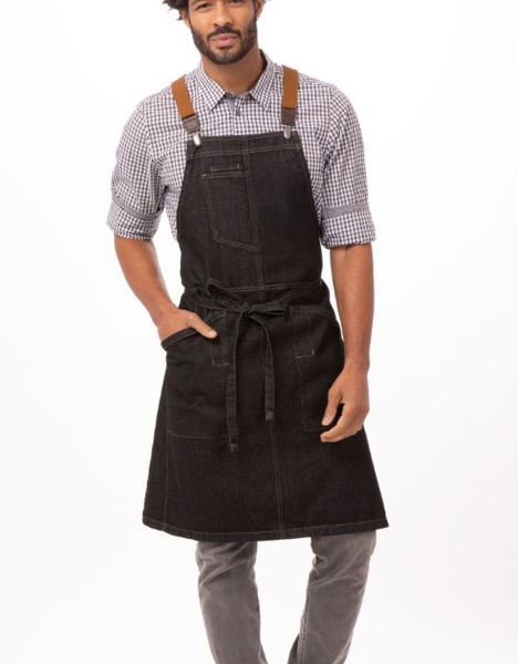 Chef Works ABS01BLK0 Bib Apron Berkeley Black Cotton with Brown Suspenders