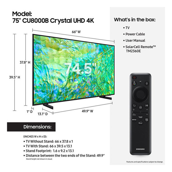 Samsung UN75CU8000 75 In 4K UHD Crystal Smart TV (2023 Model)