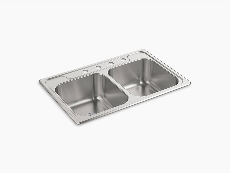 Kohler F14708 Kitchen Sink 33 Inch Double Basin 8 Inch Depth Four Hole Faucet Stainless Steel