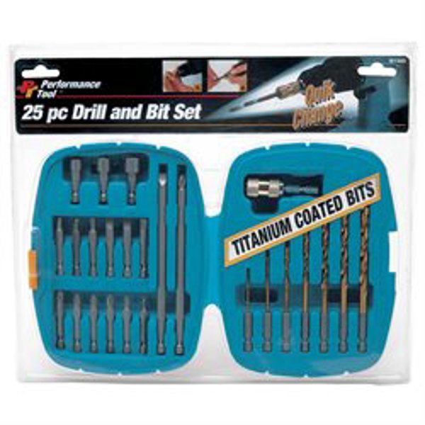 Performance Tools W1343 25 Piece Drill and Bit Set Titanium Coated Quick Change