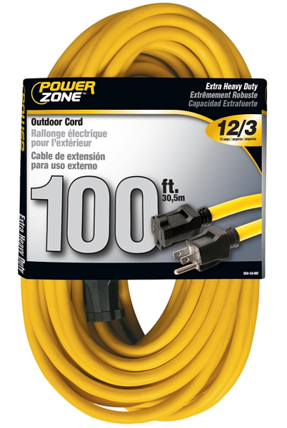 POWERZONE OR500835 Extension Cord 100 Ft 12AWG Cable 125V Yellow