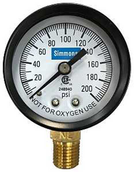 Simmons MFG CO 1306 Pressure Gauge 1/4 In X 2 In 0 To 200 Lbs Steel Case Lower Connection