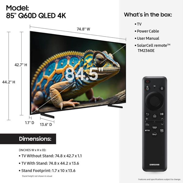 Samsung QN85Q60D 85 In QLED 4K UHD Smart TV 2024