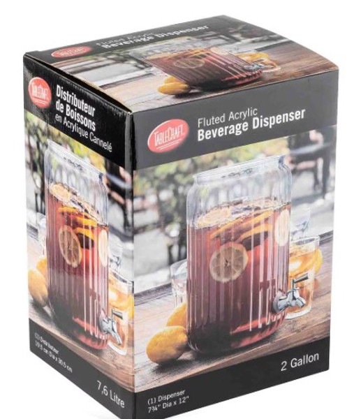 Tablecraft 12295 Beverage Dispenser 2 Gal Fluted Acrylic Non Insulated