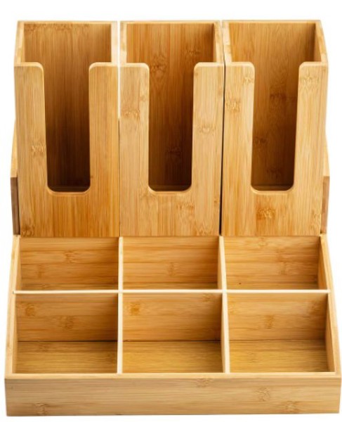 Tablecraft 12689 Bamboo Condiment Caddy 9 Compartments with 3 Cups/Lid Holders 15x14x7.5