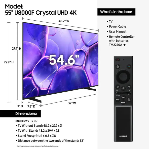 Samsung UN55U8000F 55 In Crystal 4K UHD Smart TV 2025 Model