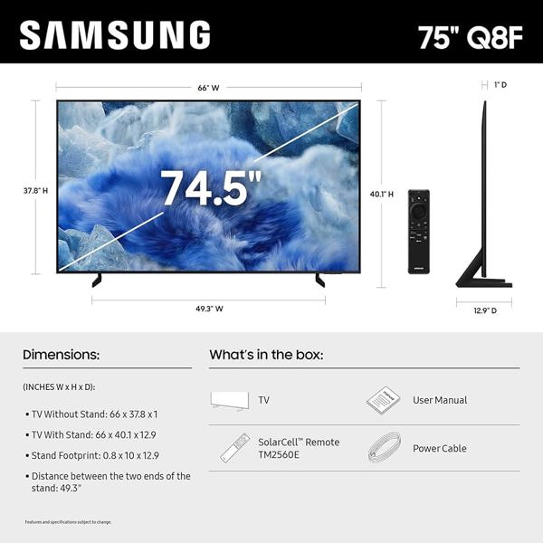 Samsung QN75Q8F 75 Inch QLED 4K Smart TV (2025) with Vision AI