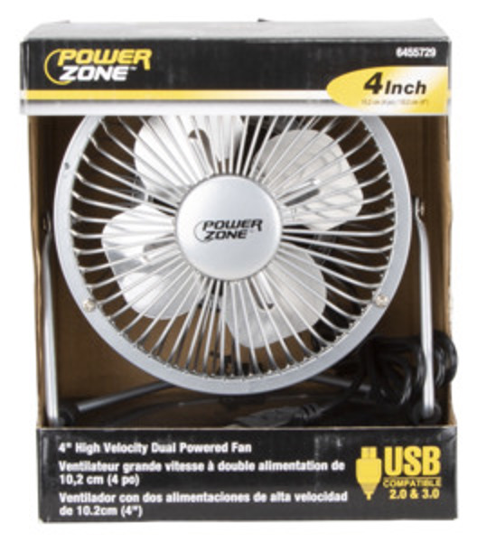 PowerZone FE-20 Mini Fan 4 In with USB Port