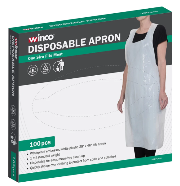 Winco BADP-2846 Disposable Aprons 28X46 Plastic 100 Per Box