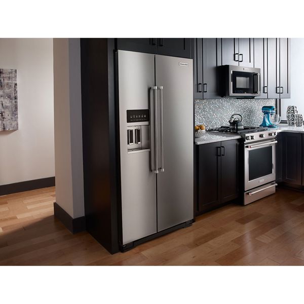 KitchenAid 7KRSF77EST Side by Side Refrigerator 26 Cu Ft Standard Depth Flat Doors Hidden Hinge Metal Encapsulated Dispenser