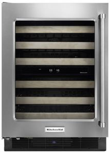 KitchenAid KUWL204ESB Wine Cellar 48 Bottle Capacity Dual Zone Tinted Glass Wood Fronts Chrome Ring Stainless Steel