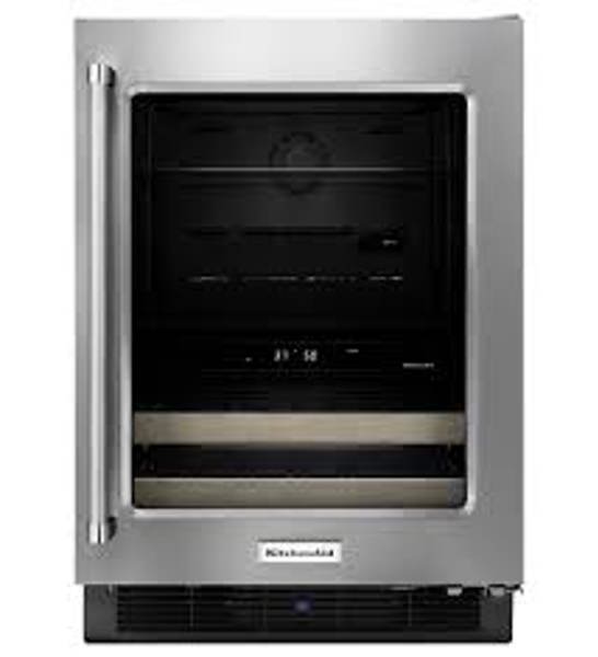 KitchenAid KUBR204ESB Beverage Center 6 Cu Ft Capacity 22-Bottle Dual Zone Proximity LED Tinted Glass Wood Fronts Chrome