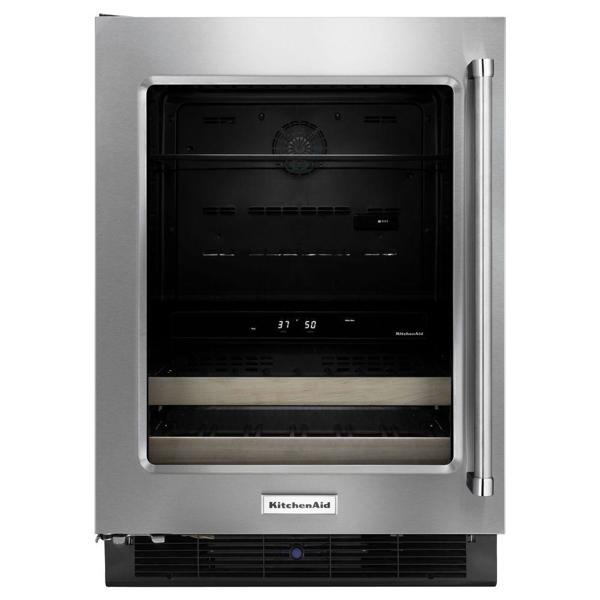 KitchenAid KUBL204ESB Beverage Cooler 4.8 Cu Ft Capacity 14 Wine Bottles Dual Zones Tinted Glass Wood Front Left Hinge