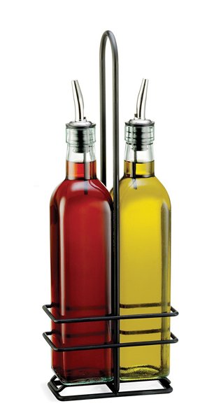 Tablecraft H916NBK Bottle Set 16 Oz Stainless Steel Pourers with Black Rack
