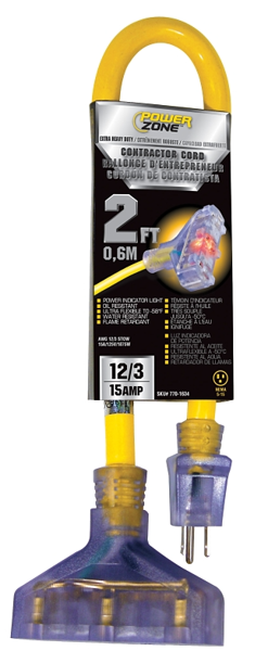 POWERZONE ORADL611802 Extension Cord 2 Ft 12 AWG Cable 125V Yellow Triple Tap