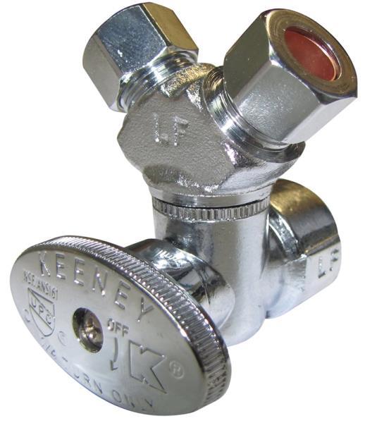 Plumb Pak PP2901VLF 3-Way Stop Valve 1/2 In x 3/8 In x 3/8 In FIP x Compression x Compression Chrome Plated