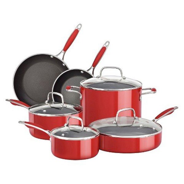 KitchenAid KC2AS10ER Cookware Set 10 Piece Large Aluminum Nonstick Empire Red