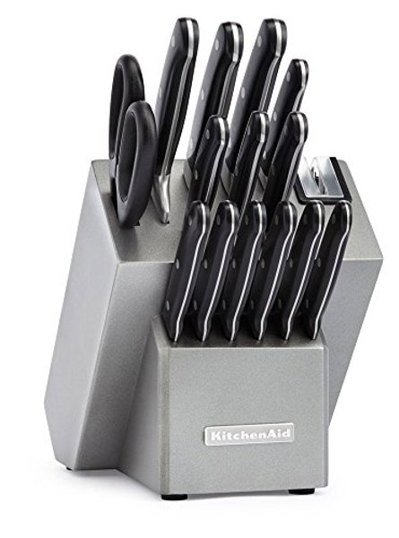 KitchenAid KKFTR16SL Cutlery Set 16 Piece Onyx Black and Silver Block Stainless Steel Ergonomic Handles
