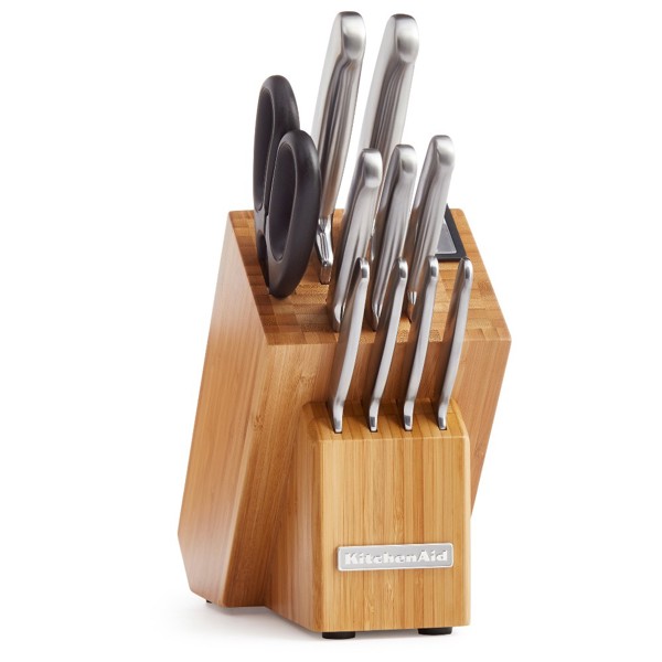 KitchenAid KKFSS12BO Cutlery Set 12 Piece Stainless Steel Bamboo Wood Block Built-In Sharpener