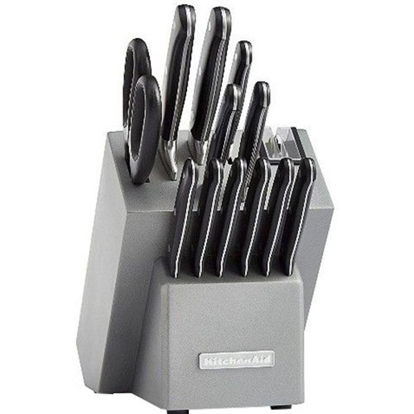KitchenAid KKFTR14SL Cutlery Set 14 Piece Triple Rivet Onyx Black Silver Block