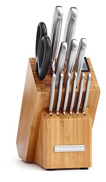 KitchenAid KKFSS14BO Cutlery Set 14 Piece Stainless Steel Bamboo Wood Block Built In Sharpener