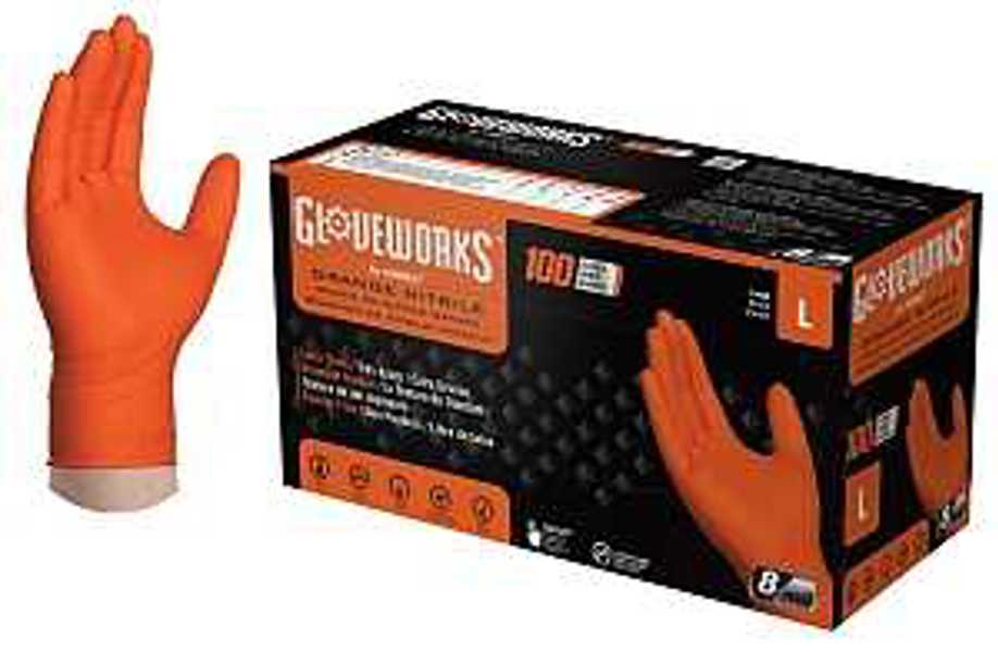 AMMEX CORPORATION GWON46100 Heavy Duty Textured Industrial Nitrile Gloves Large Powder Free Orange