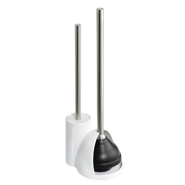 InterDesign 92801 Toilet Brush and Holder with Plunger Combo White Brushed Stainless Steel Plastic