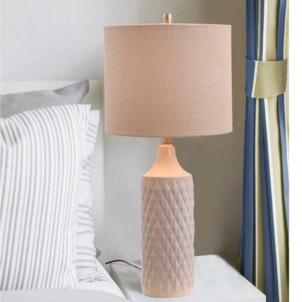 Evolution Lighting 19970-001 Table Lamp Quilted Ceramic 3-Way Natural Linen Drum Shade