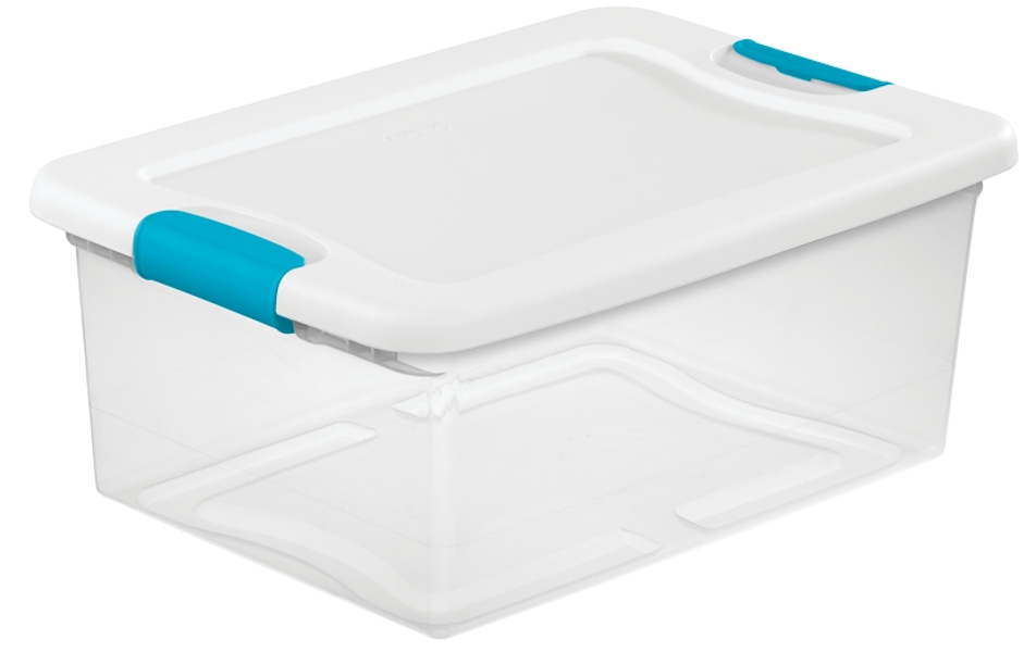 Sterilite 14948012 Latch Box with Lid 15 Qt White Clearview with Teal Latches