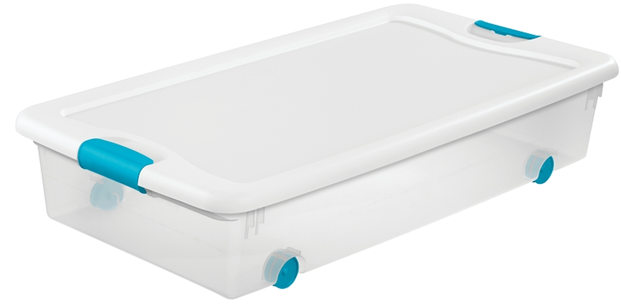 Sterilite 14988004 Latch Box with Lid 58 Qt White Clearview with Teal Latches