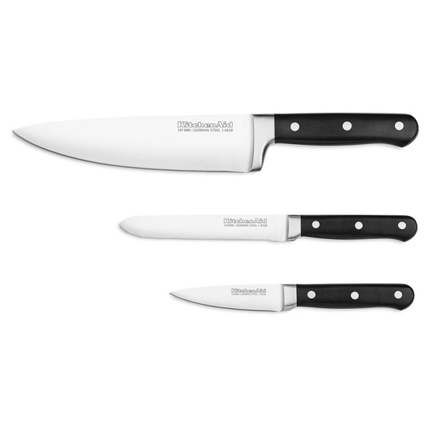 KitchenAid KKFTR3SSOB Classic Forged Cutlery Set 3 Piece Starter Triple Rivet Onyx Black