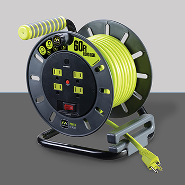Luceco OMA601114G4SL-US Cable Reel 60 Ft with Masterplug Medium Open 4 Sockets 13A Green and Grey