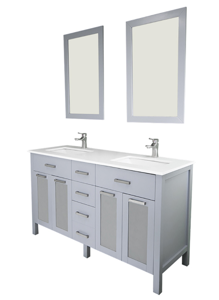 PRIELE VCARDIFF60GRAYSODOCESI Gray 60 In Vanity with Solid Doors Quartz Top Undermount Sink Mirror Included