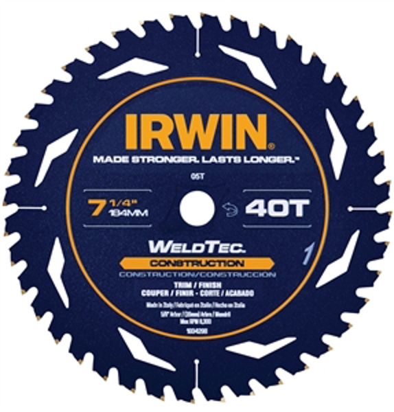 IRWIN INDUSTRIAL 1934298 Circular Saw Blade 7-1/4 In 40 Teeth