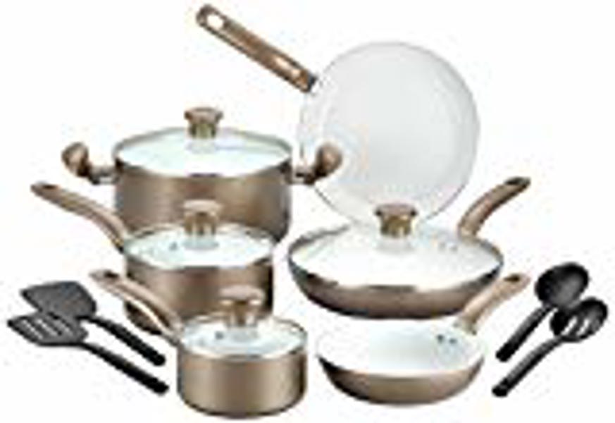 T-FAL CORPORATION G919SE64 Ceramic Pot Set 14 Piece Cookware Set Champagne