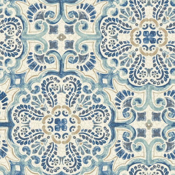 Brewster Home Fashion NU2235 Peel and Stick Wallpaper Blue Florentine Tile
