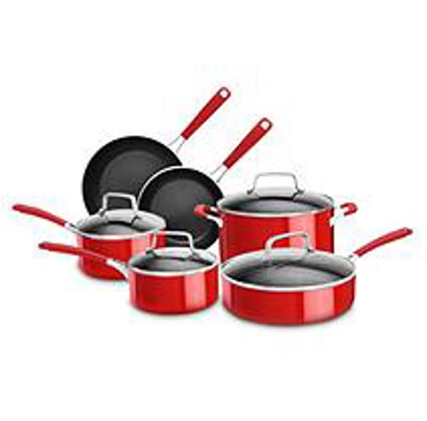 KitchenAid KC2SS10PC 10 Piece Cookware Set Candy Apple Red 1.5 Qt Saucepan 8 In Skillet 10 In Skillet