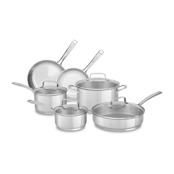 KitchenAid KC2SS10LS 10 Piece Cookware Set Stainless Steel 8 In Skillet 10 In Skillet 1.5 Qt Saucepan